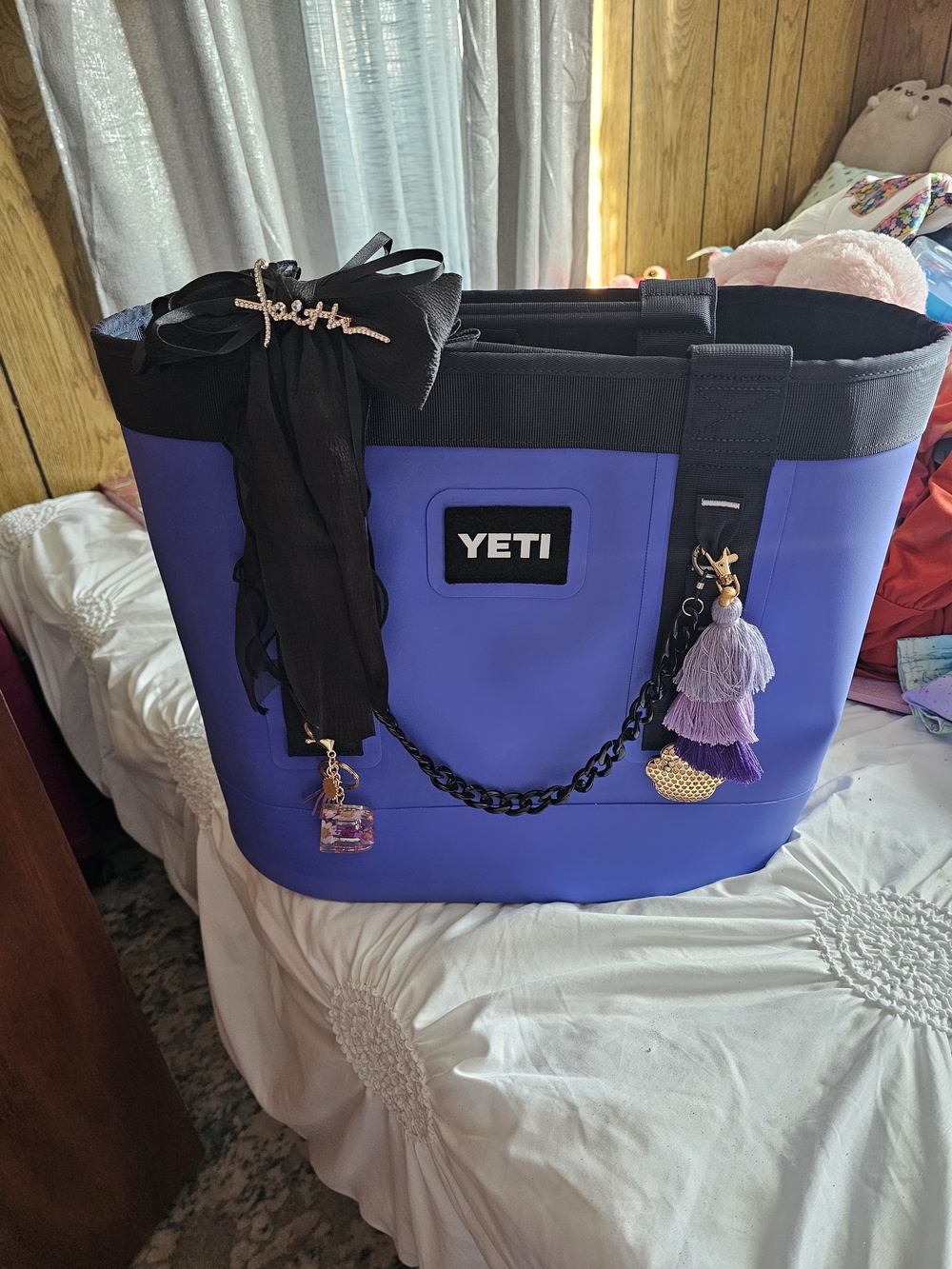 Yeti Blue Tote with Black Trim and Tassel Charms